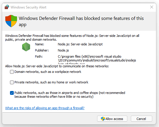 Allow Node.js Access through the Firewall