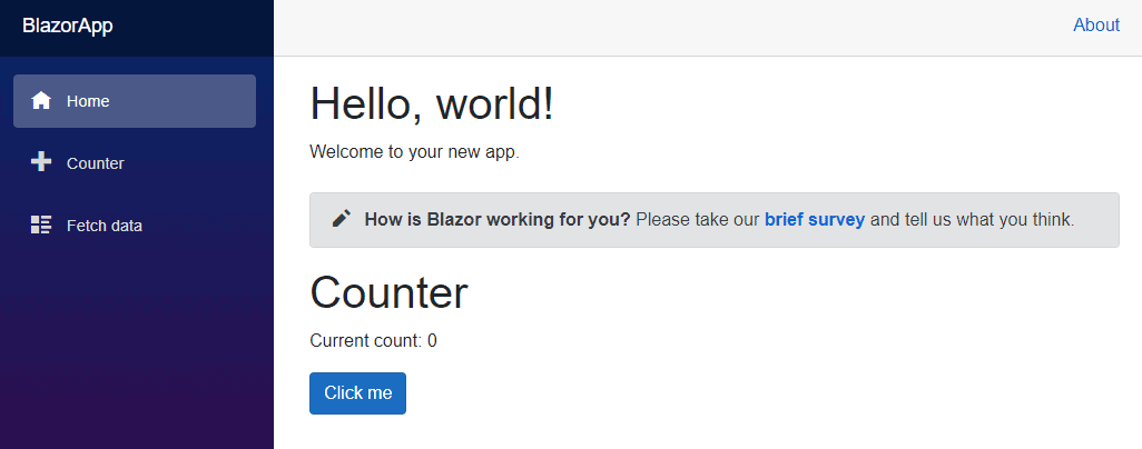 Blazor Web App now with the counter component at Index