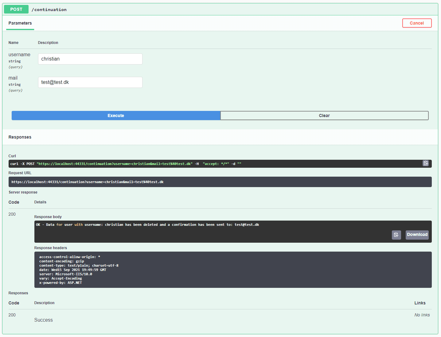 Continuation Job Request in Swagger