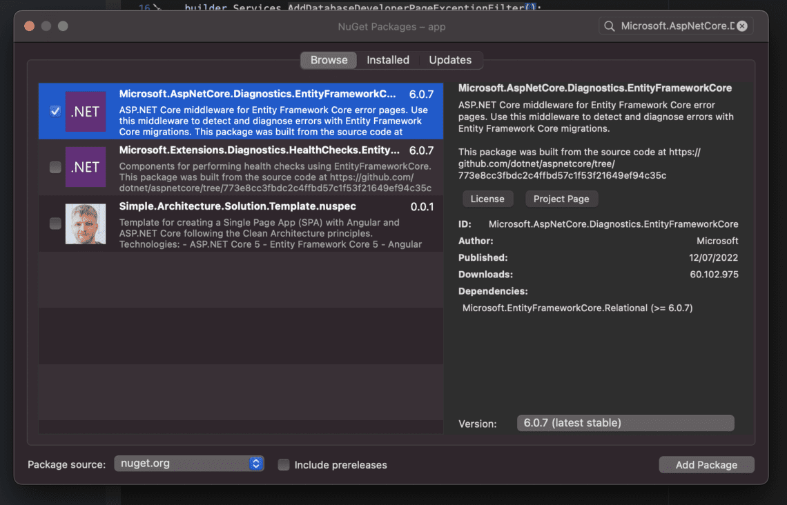 Add Package Microsoft.AspNetCore.Diagnostics.EntityFrameworkCore