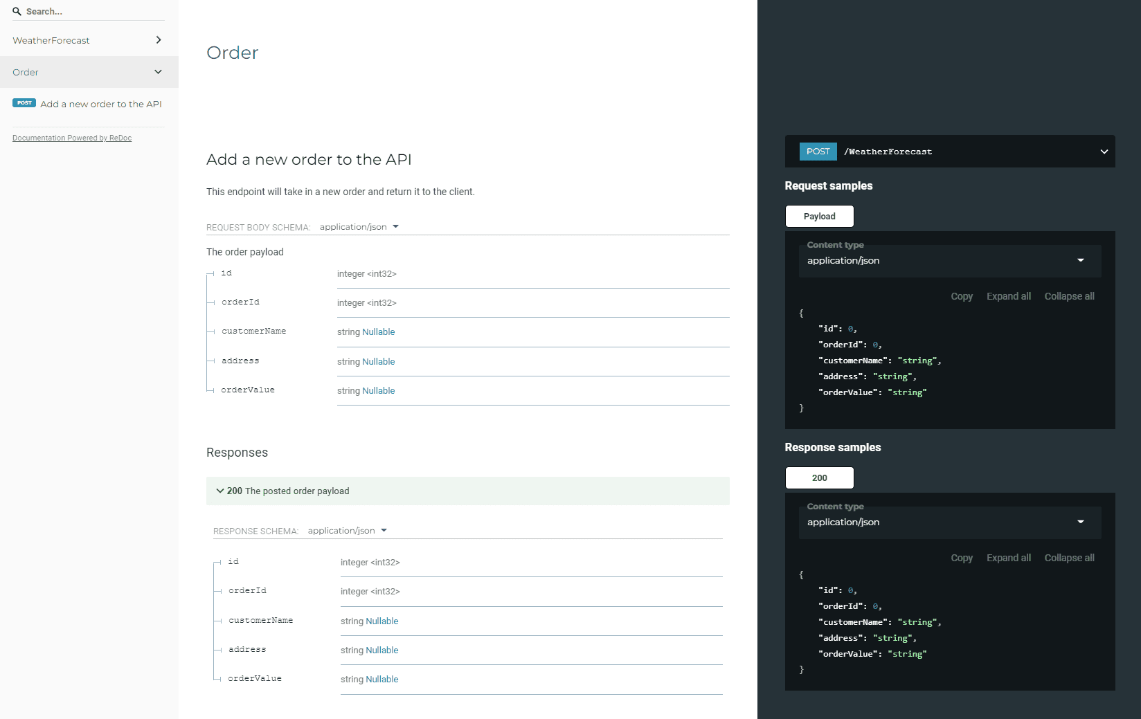 ReDoc showing endpoint with enriched body request parameters