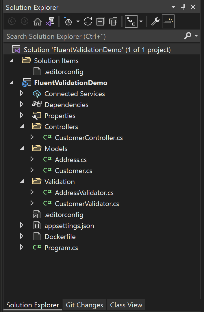 Solution Explorer for a demo of FluentValidation