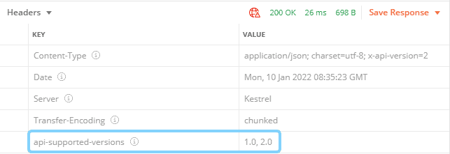 Supported API versions in the header response, api versioning