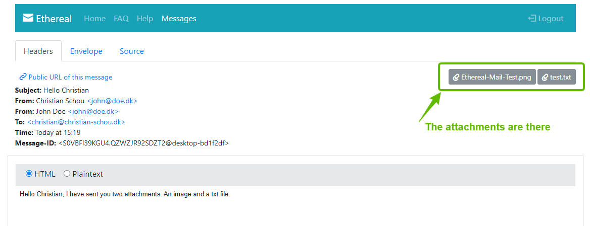 Ethereal showing mail object with the two attachments