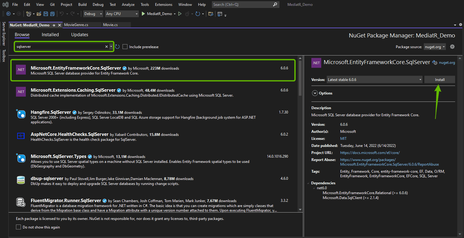 Install SqlServer using NuGet Package Manager