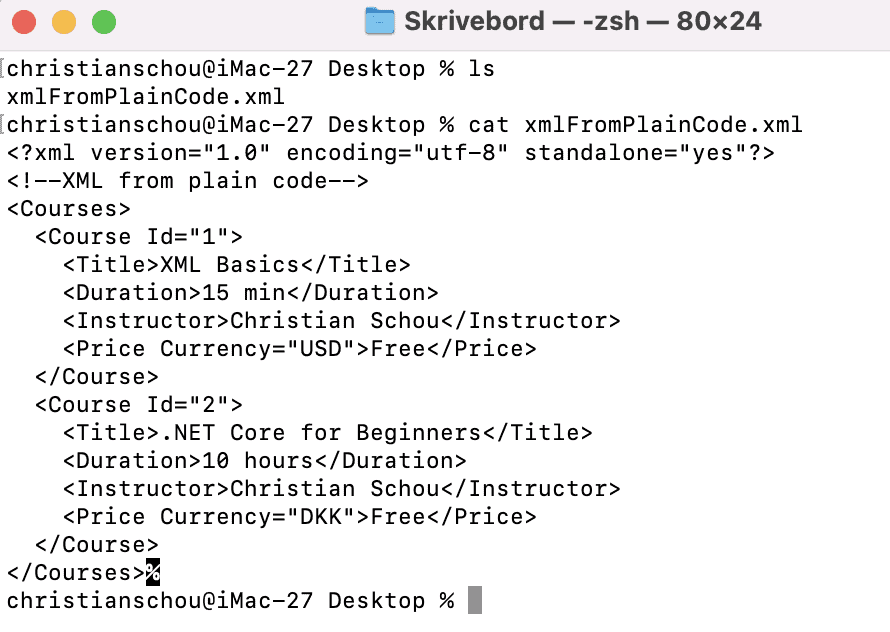 xml output from c#, terminal, macos