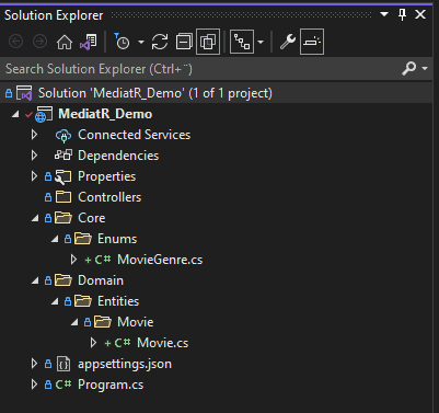 visual studio solution explorer, cqrs project, mediatr implementation