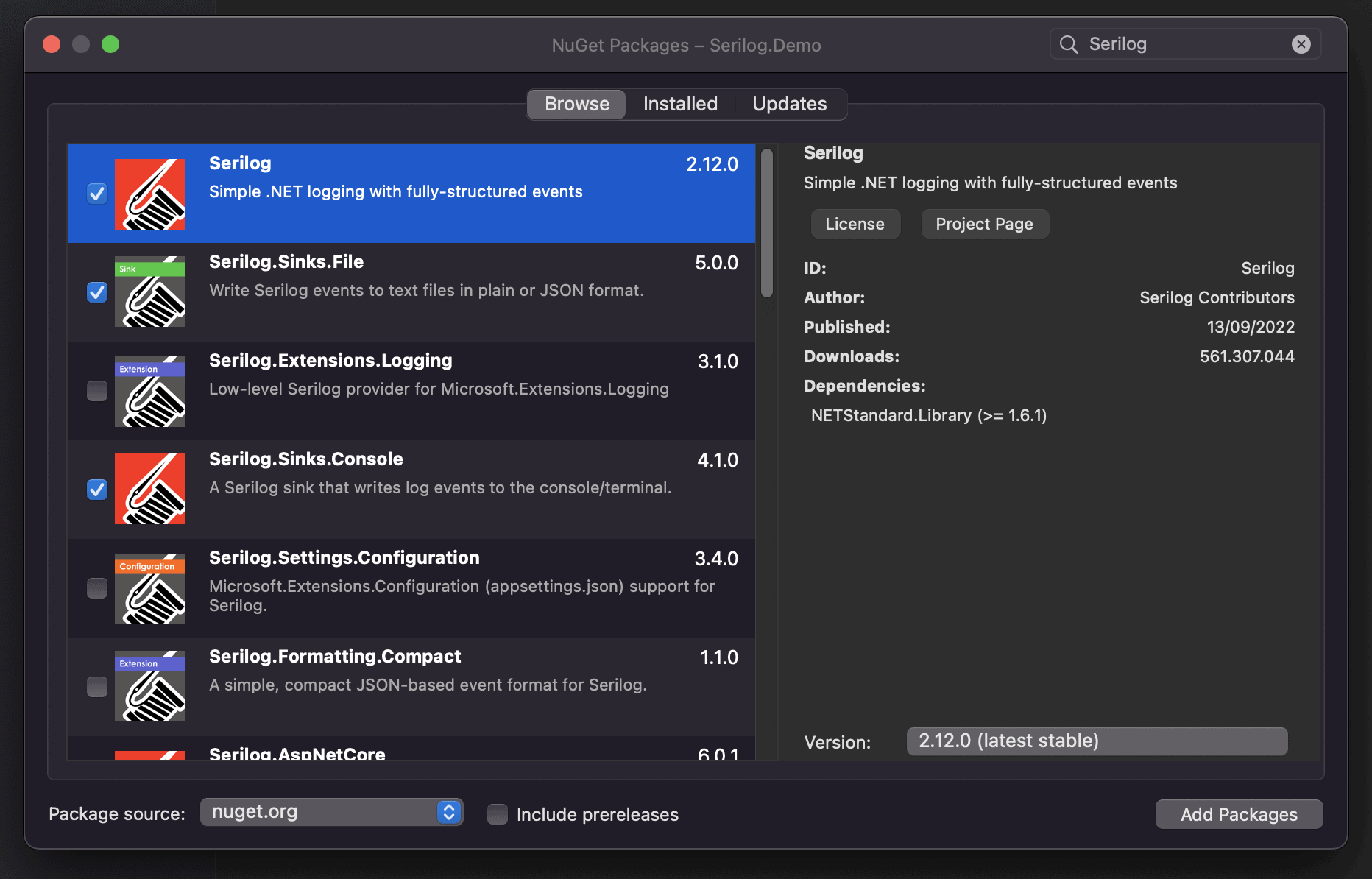 nuget, package manager, visual studio, serilog, sinks, serilog logging, serilog packages