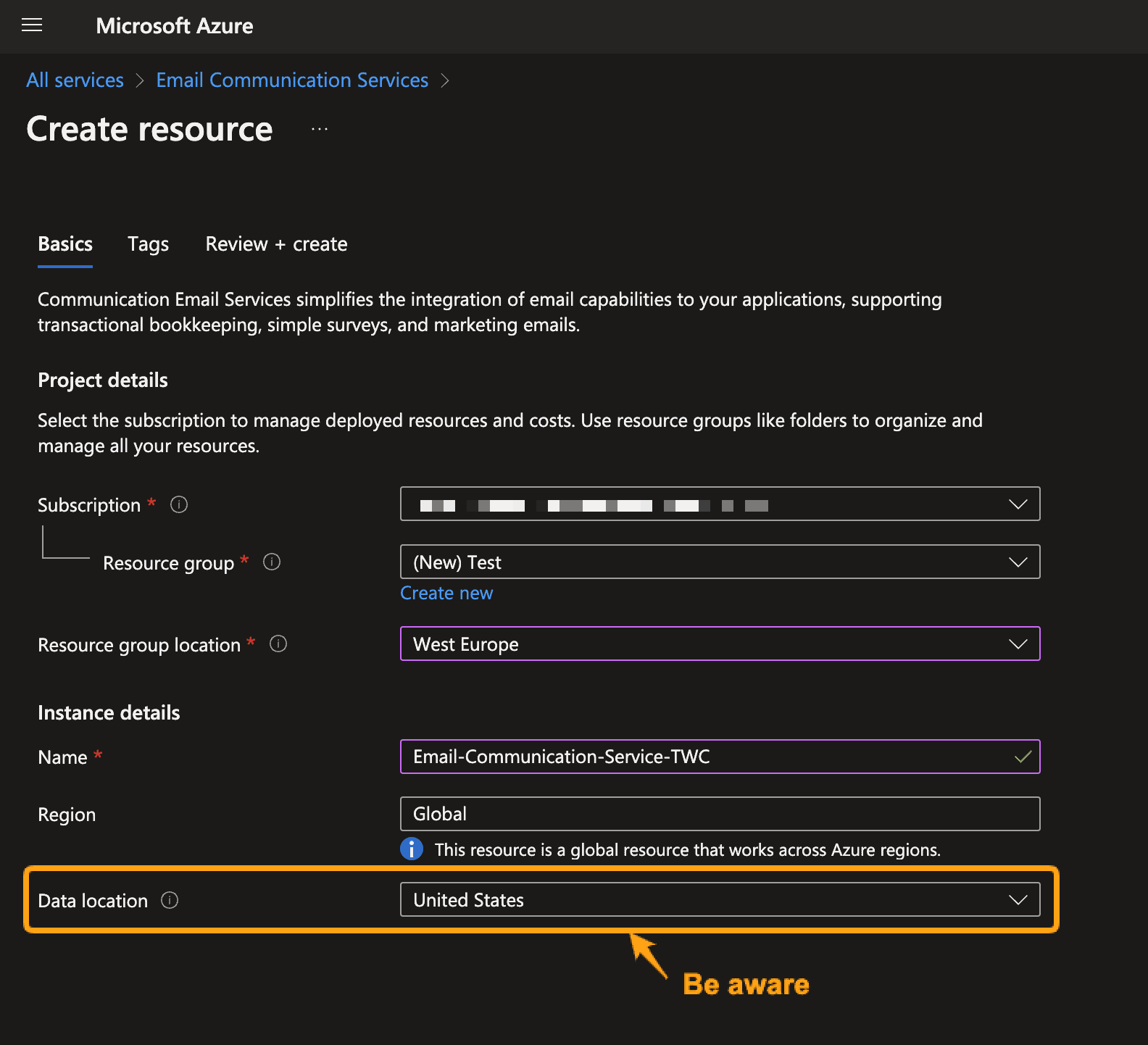 Create new Azure Resource, azure, create resource, email service