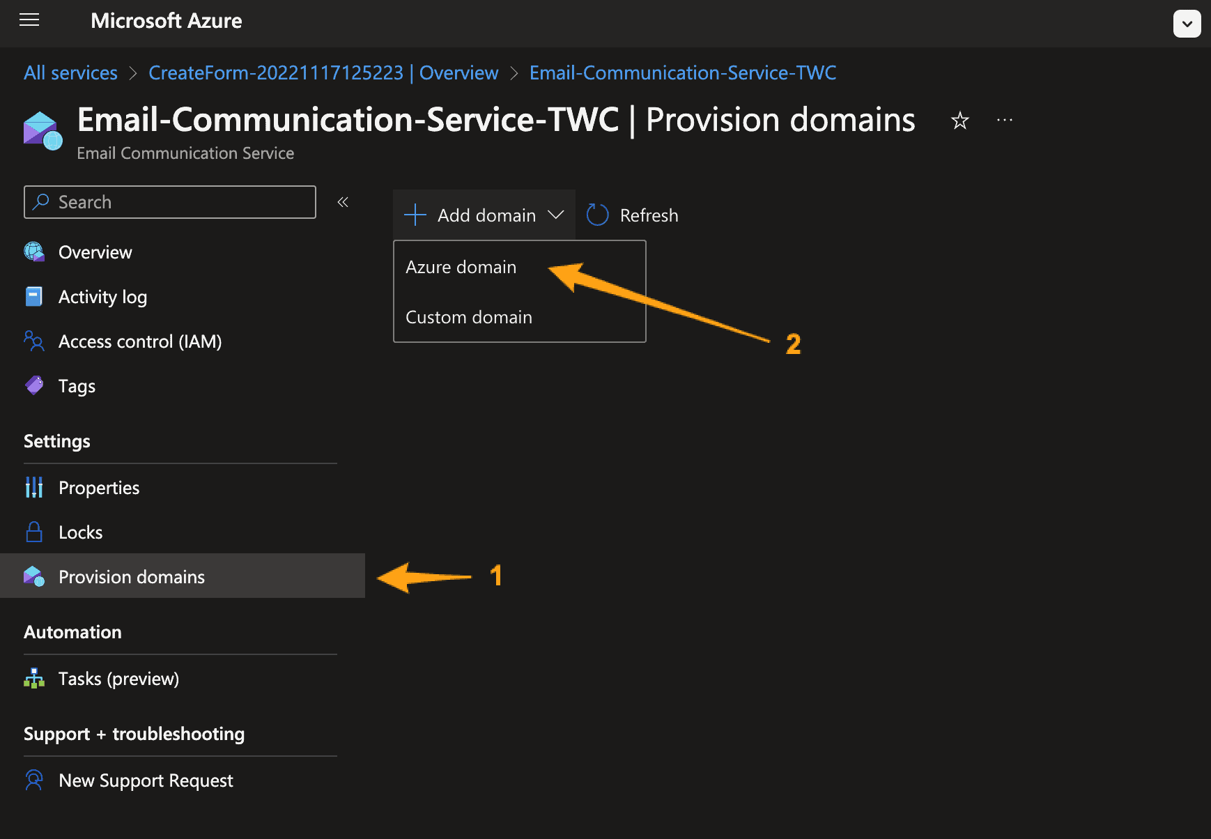 azure, add custom domain, provision domain, add sender domain azure