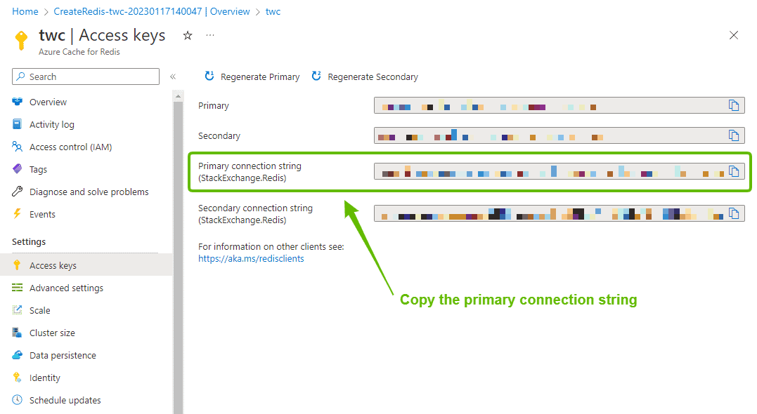 azure redis cache, azure access keys, StackExchange.Redis, redis connectionstring, azure connectionstring