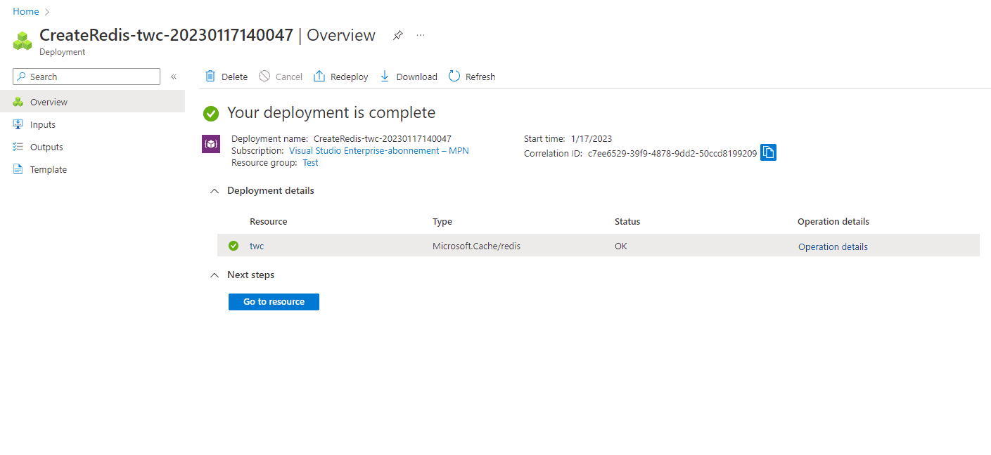 azure redis cache deployment, redis cache deployment complete, azure deployment