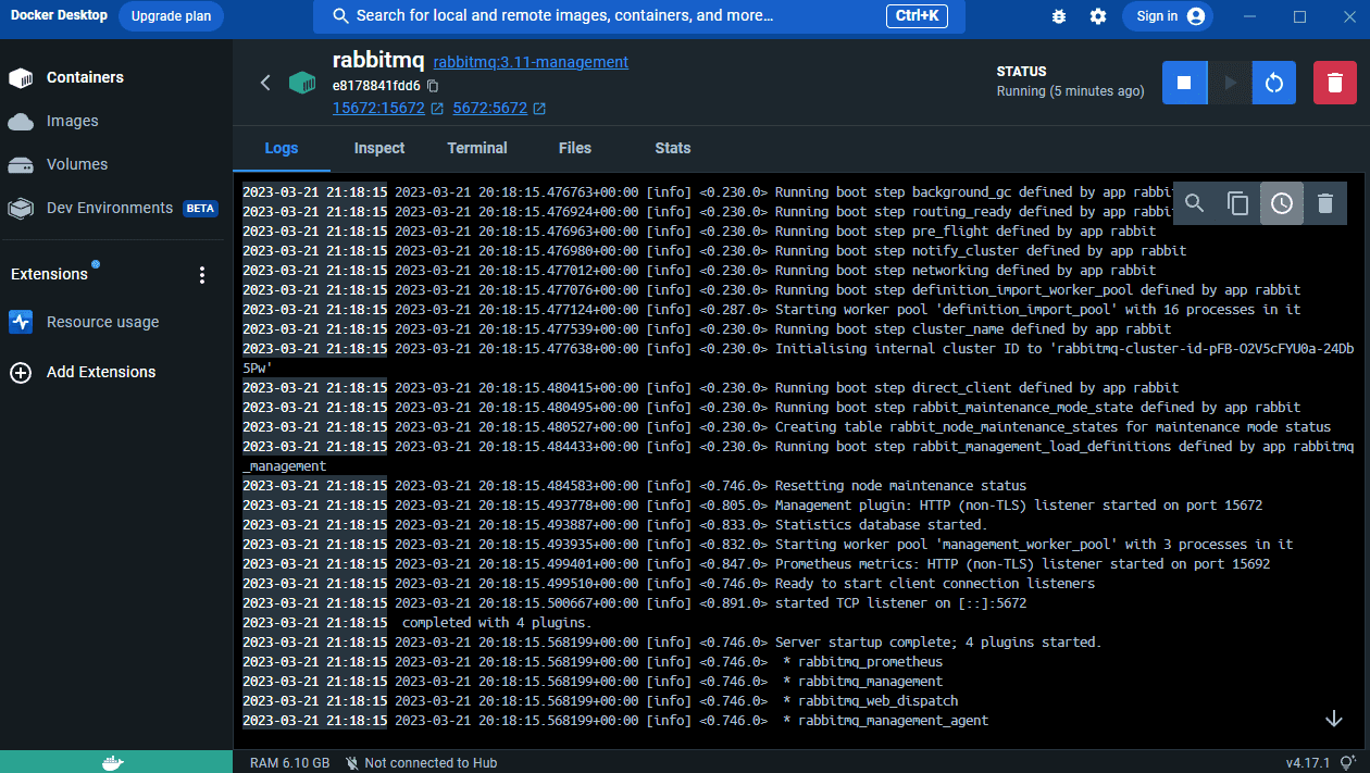 rabbitmq, rabbitmq logs, docker desktop, docker logs