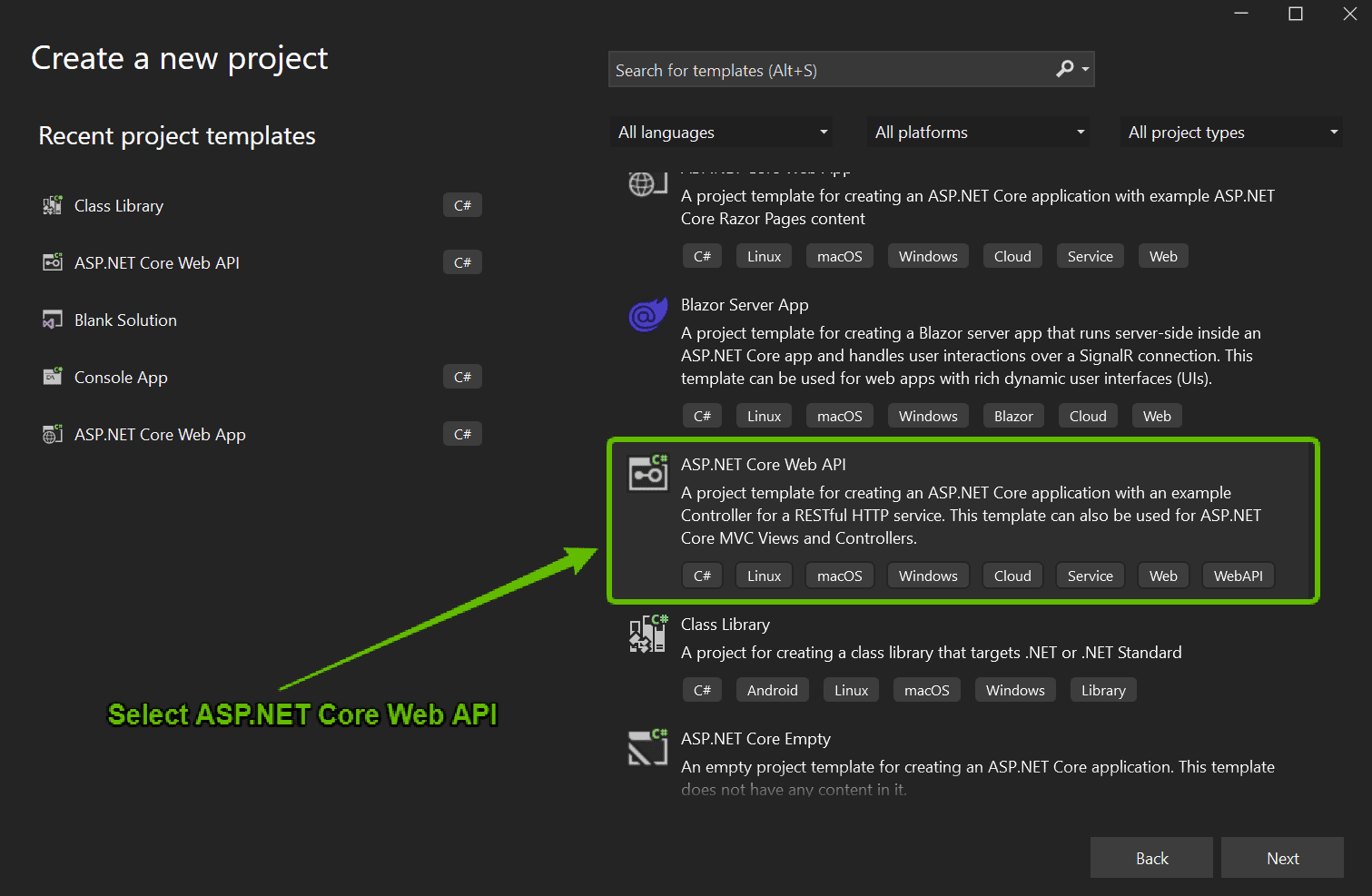 Create ASP.NET Core Web API, visual studio