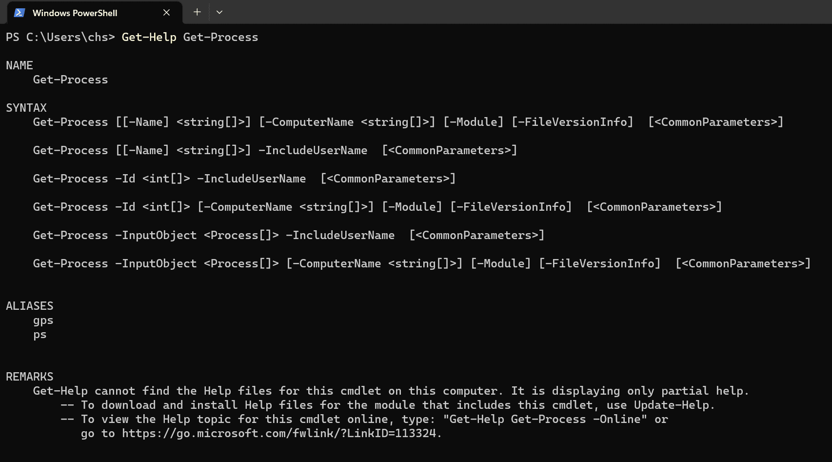 get-help, get-process, powershell