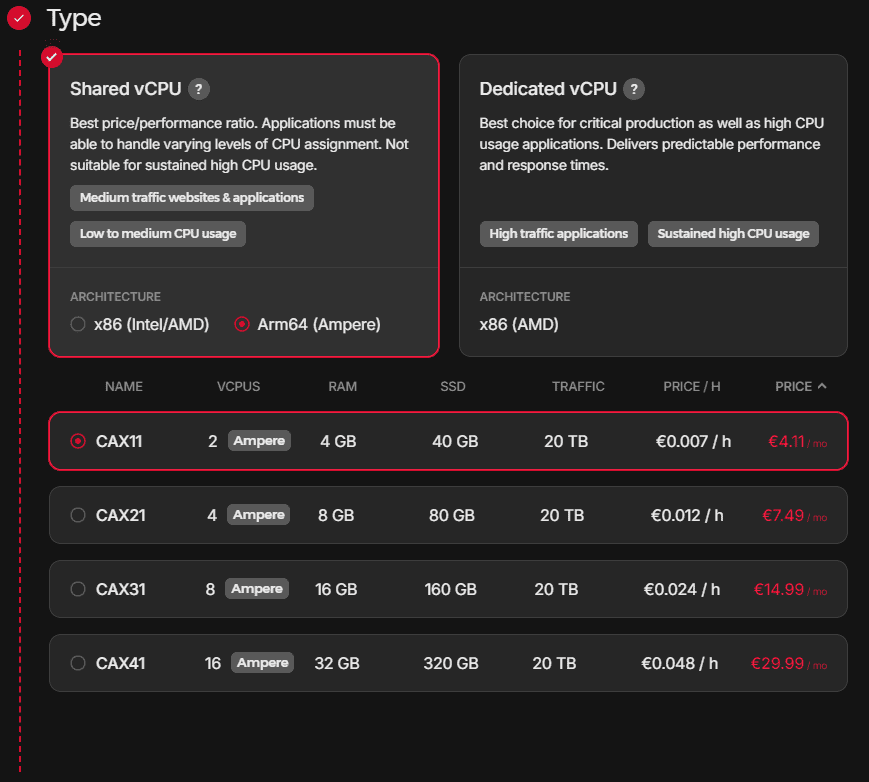server type, shared vcpu, arm server, hetzner, hetzner cloud