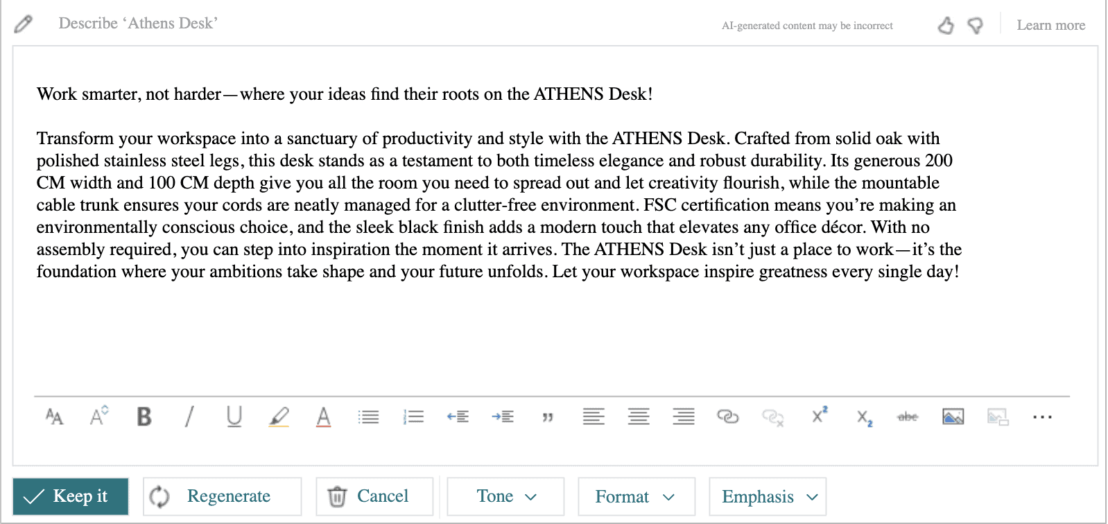 business central, marketing text, ai generated content